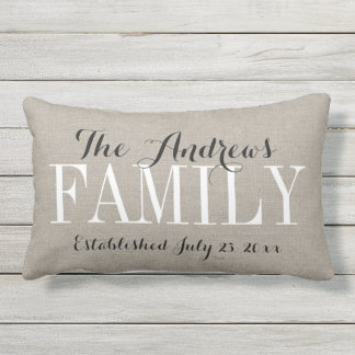 Rustic Beige Family Monogram and Wedding Date Outdoor Cushion