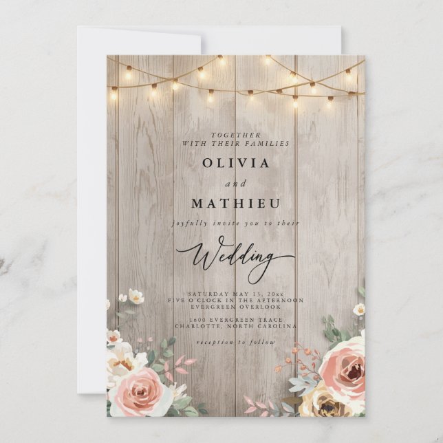 Rustic Beige Floral String Light Wedding Invitation (Front)
