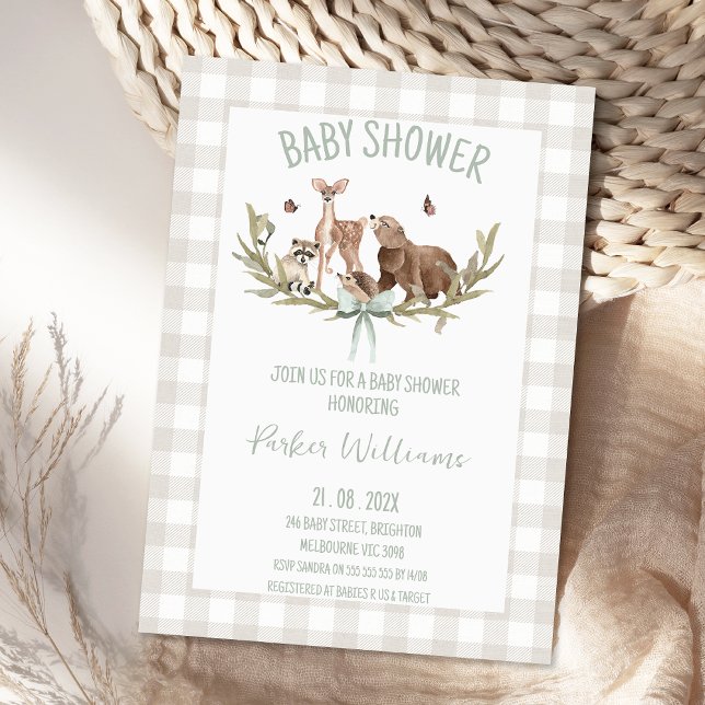 Rustic Beige Gingham Woodland Baby Shower Invitation (Gender Neutral Woodland Baby Shower Invitation Template, Woodland Animals Baby Shower Invitations)