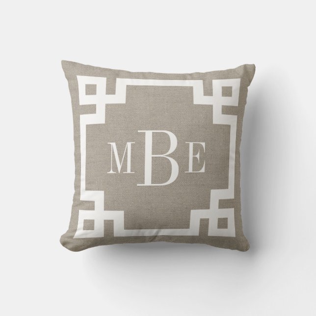 Rustic Beige Greek Key Border Monogrammed Cushion (Front)