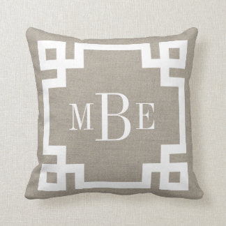 Rustic Beige Greek Key Border Monogrammed Cushion