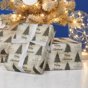 Rustic Beige Green Christmas Trees Name Wrapping Paper