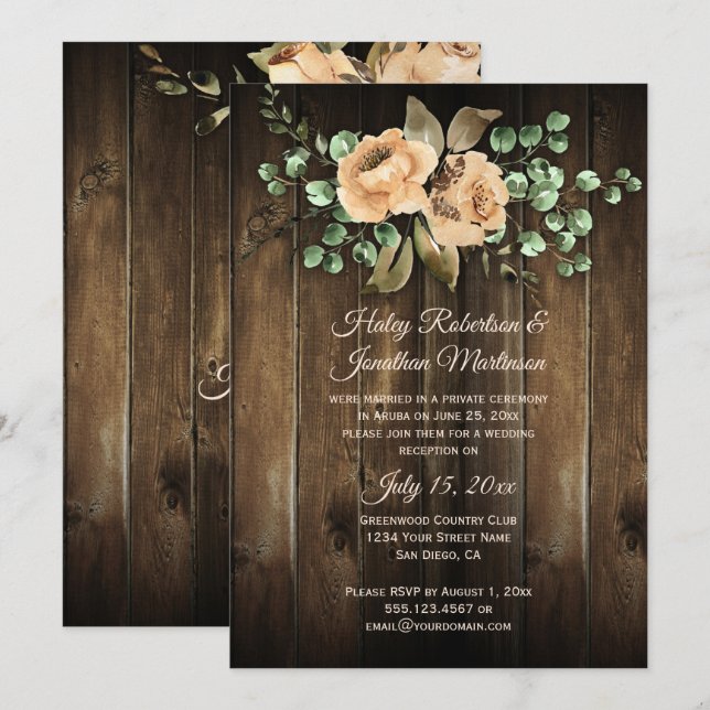 Rustic Beige Latte Roses Barn Wood Reception Only Invitation (Front/Back)