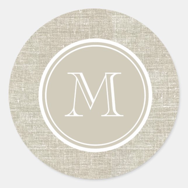 Rustic Beige Linen Background Monogram Classic Round Sticker (Front)