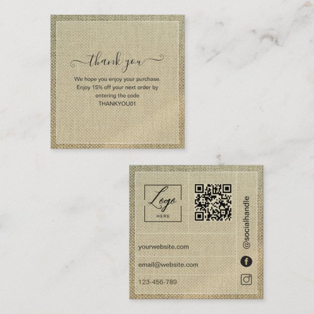 Rustic Beige Linen Thank You Card Order Insert (Front/Back)