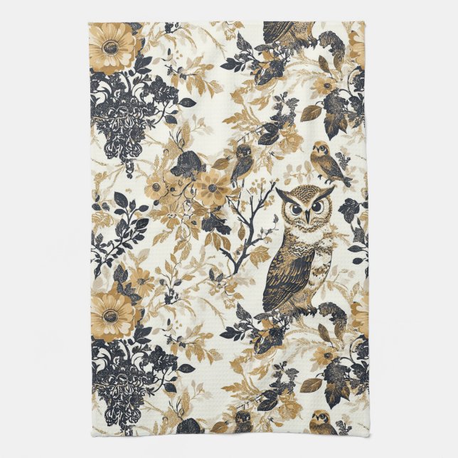 Rustic Beige Owl Woodland Floral Pattern Tea Towel (Vertical)