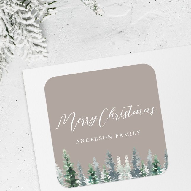 Rustic Beige Pine Forest Holiday Gift Square Sticker (Creator Uploaded)
