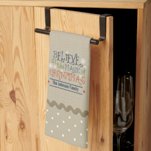 Rustic Beige Polka Dot Christmas Monogrammed Tea Towel