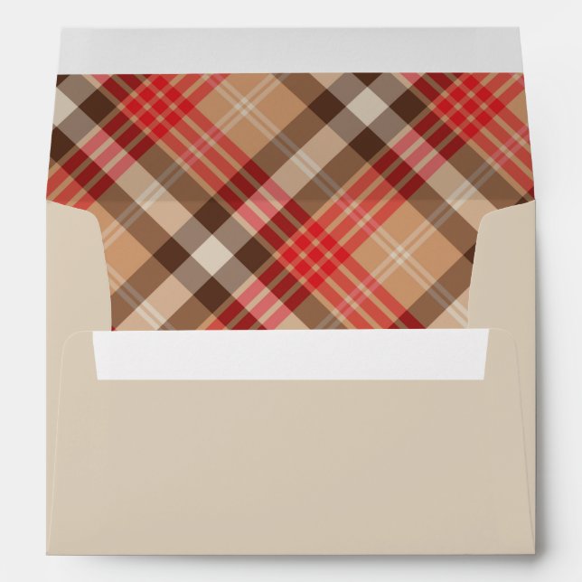 Rustic Beige Red Brown Tartan Plaid Holiday Envelope (Back (Bottom))