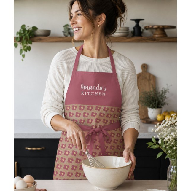 Rustic Beige Red Flower Pattern Floral Kitchen Apron (Creator Uploaded)