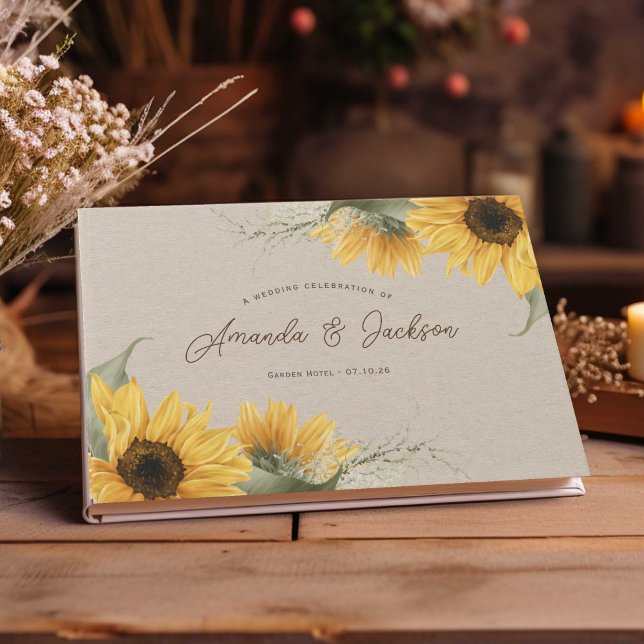 Rustic beige watercolor sunflower elegant wedding guest book (Watercolor sunflower themed, wedding guestbook for rustic, country or barn wedding.)