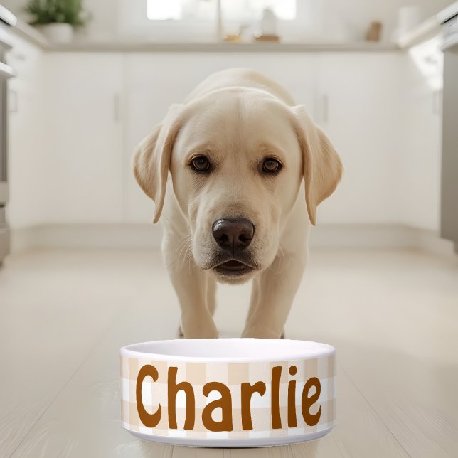 Rustic Beige White Gingham Buffalo Pattern Name Bowl (Creator Uploaded)