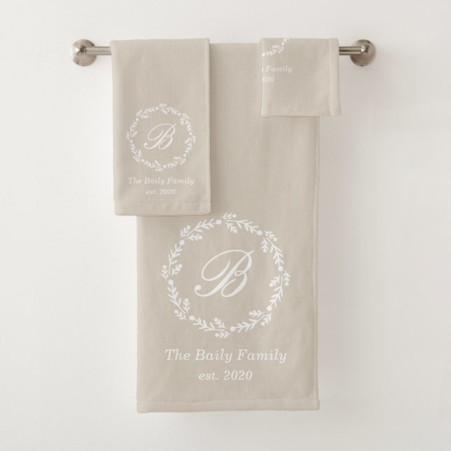 Rustic Beige Winter Wreath Family Name Monogram Bath Towel Set (Insitu)