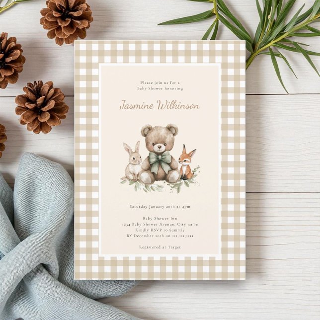 Rustic Beige Woodland Animals Baby Shower Gingham Invitation (Creator Uploaded)