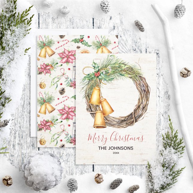 Rustic Bell Wreath Birch Watercolor Floral Holiday Card (Creator Uploaded)