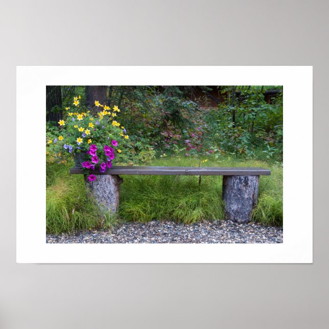 Rustic Bench And Flower Bucket Photograph Poster (Front)