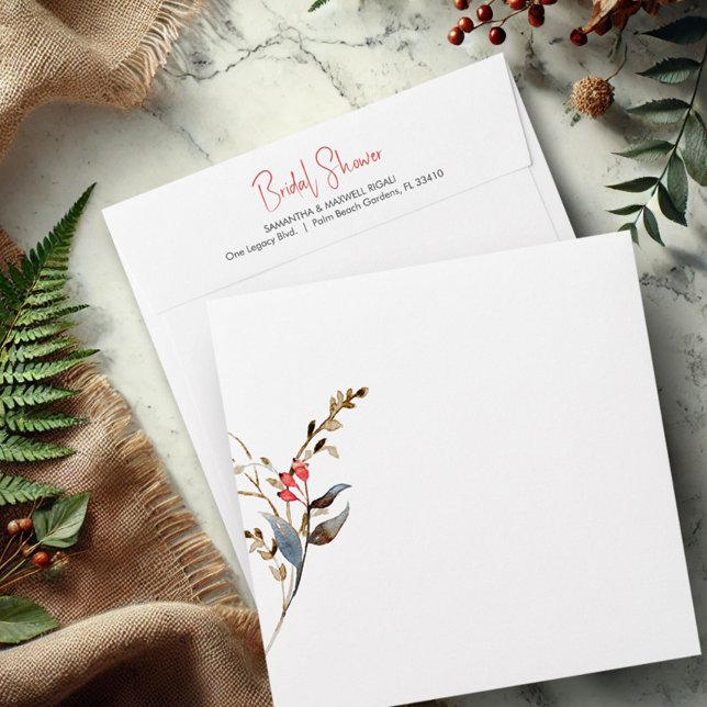 Rustic Berries & Botanicals Return Address Square Envelope (Return address envelopes for bridal shower square watercolor berries and botanicals)