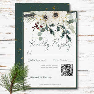 Rustic Berries Winter Floral QR Code Wedding RSVP Card