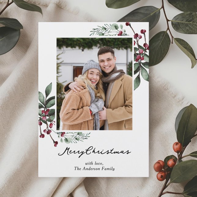 Rustic Berry Branch and Pine Christmas Photo Holiday Card (Creator Uploaded)