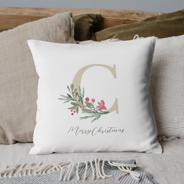 Rustic Berry Branch Initial Christmas Cushion (Creator Uploaded)