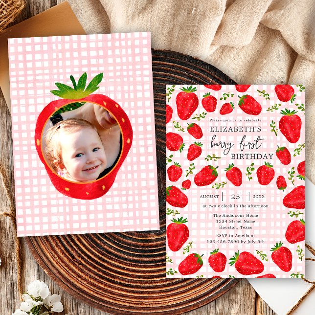 Rustic Berry First Strawberry 1st Birthday Photo Invitation (Creator Uploaded)