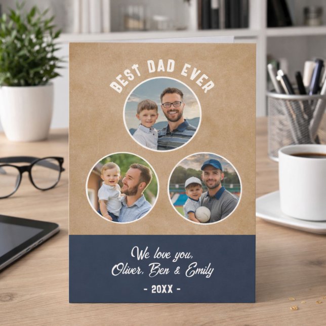 Rustic Best Dad 3 Photos Father`s Day Keepsake  Card (Creator Uploaded)