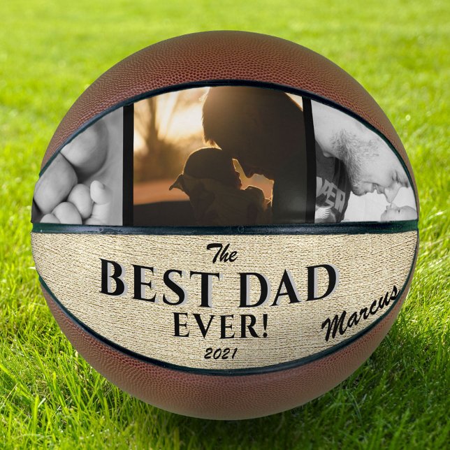 Rustic Best Dad Ever Father`s Day Keepsake 3 Photo Basketball (Creator Uploaded)