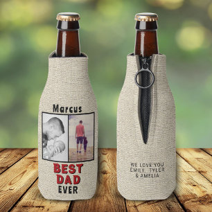 Rustic Best Dad Father`s Day 2 Photo Collage Bottle Cooler
