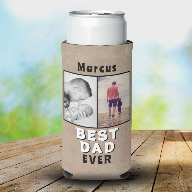 Rustic Best Dad Father`s Day 2 Photo Collage Seltzer Can Cooler (Creator Uploaded)