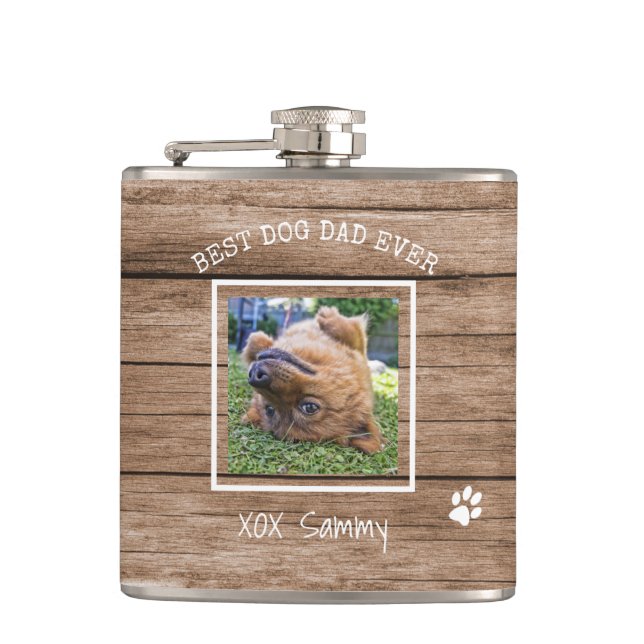 Rustic Best Dog Dad Ever Photo Personalised Hip Flask (Front)