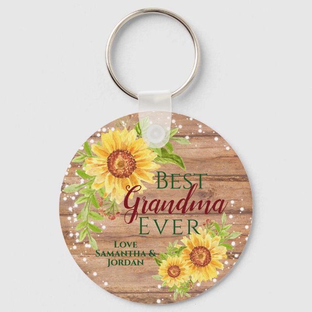 Rustic Best Grandma Ever Floral Sunflower Key Ring (Front)