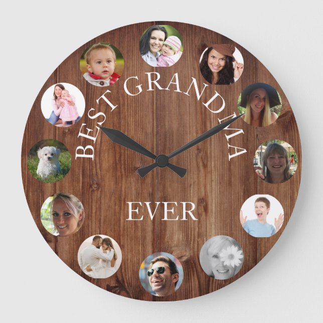 Rustic Best Grandma Ever Photo Collage Wood Large Clock (Front)
