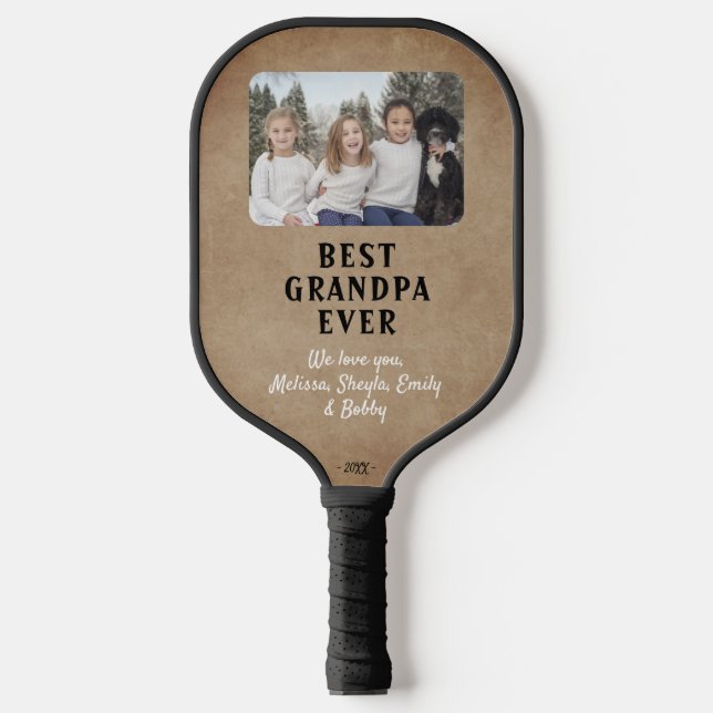 Rustic Best Grandpa Ever Grandchildren Photo Pickleball Paddle (Front)