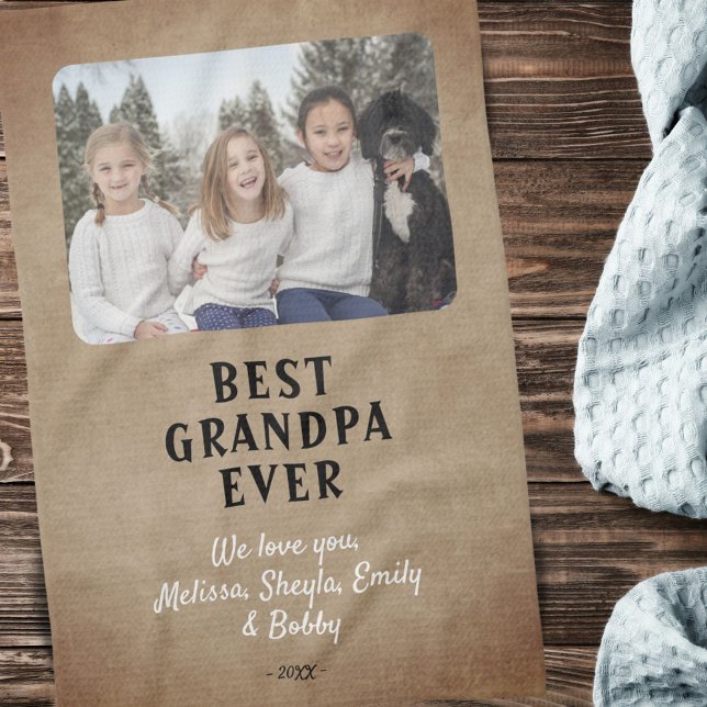 Rustic Best Grandpa Ever Grandchildren Photo Tea Towel (Creator Uploaded)