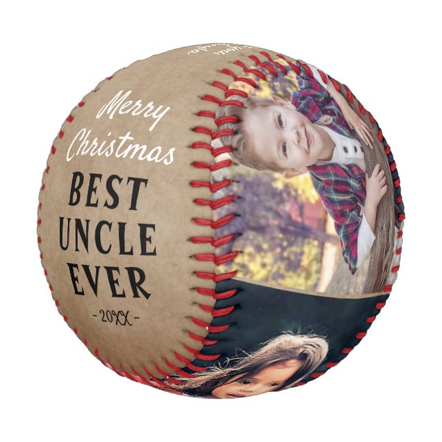 Rustic Best Uncle 3 Photo Merry Christmas  Baseball (Angled)