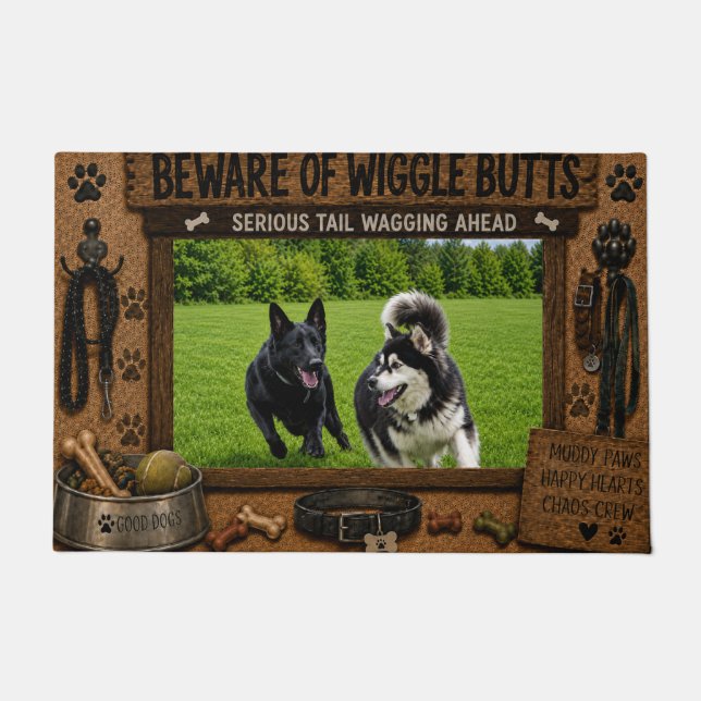 Rustic Beware of Wiggle Butts Custom Dog Photo Doormat (Front)