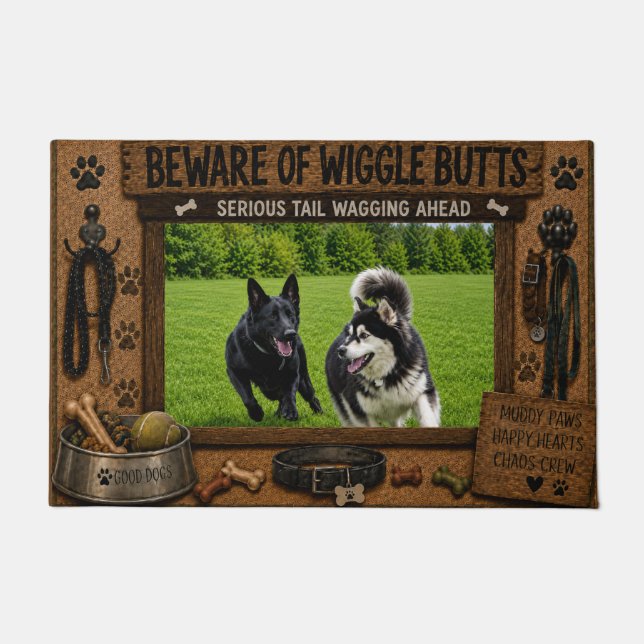 Rustic Beware of Wiggle Butts Custom Dog Photo Doormat (Front)