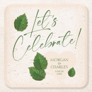 Rustic Birch Bark Carved Heart with Leaves Square Paper Coaster