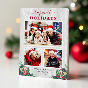 Rustic Birch Mistletoe Happiest Holidays 3 Photo Holiday Card