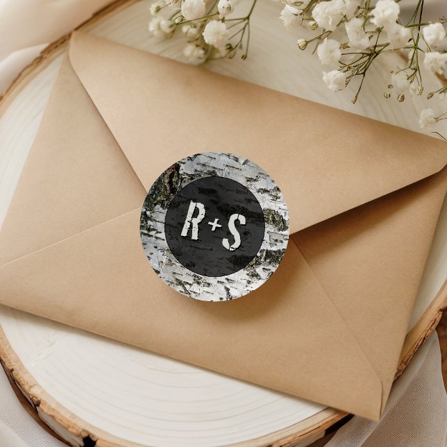 Rustic Birch Tree Bark Modern Wedding Monogram Classic Round Sticker (Creator Uploaded)