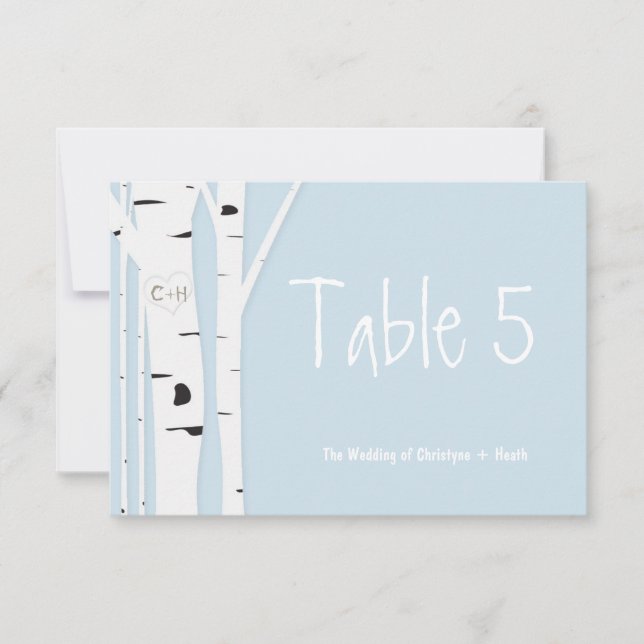 Rustic Birch Tree Blue Wedding Table Number Card (Front)