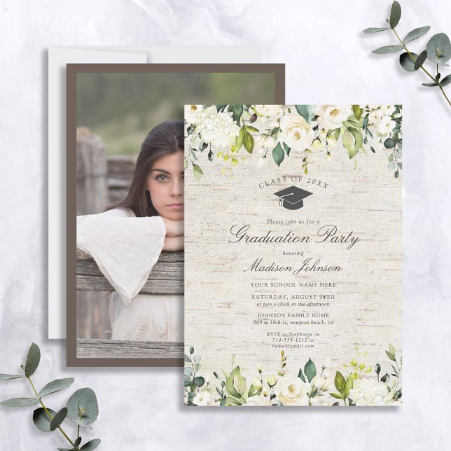 Rustic Birch White Floral Photo Graduation Party Invitation (Creator Uploaded)