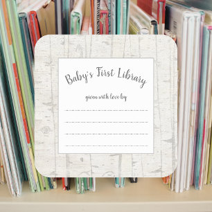 Rustic birch wood baby shower book plate bookplate square sticker