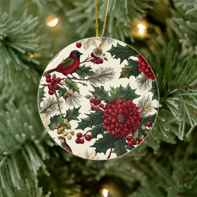 Rustic Bird and Poinsettia Christmas Pattern (10) Ceramic Tree Decoration (Tree)