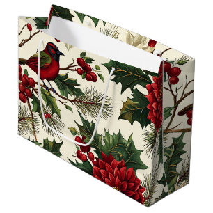 Rustic Bird and Poinsettia Christmas Pattern (10) Large Gift Bag