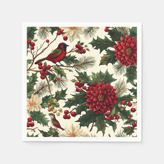 Rustic Bird and Poinsettia Christmas Pattern (10) Napkin (Front)