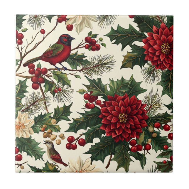 Rustic Bird and Poinsettia Christmas Pattern (10)  Tile (Front)