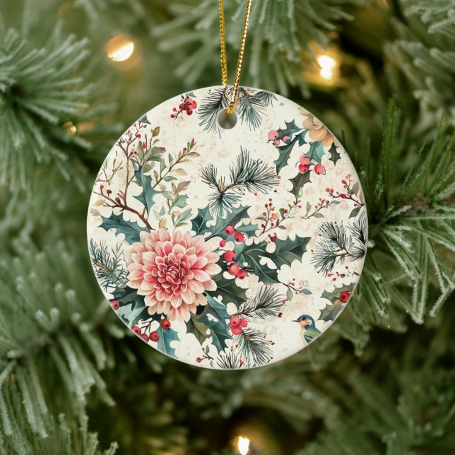 Rustic Bird and Poinsettia Christmas Pattern (11) Ceramic Tree Decoration (Tree)