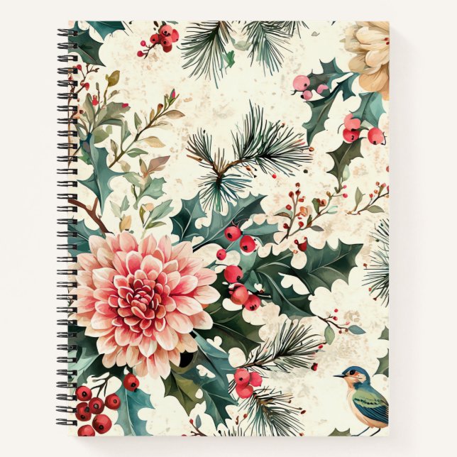 Rustic Bird and Poinsettia Christmas Pattern (11) Notebook (Front)