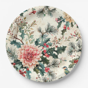 Rustic Bird and Poinsettia Christmas Pattern (11) Paper Plate